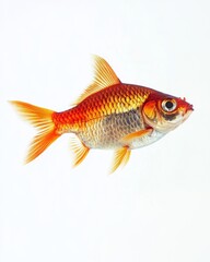 the Red Fin Barb fish, portrait view, white copy space on right, Isolated on white Background