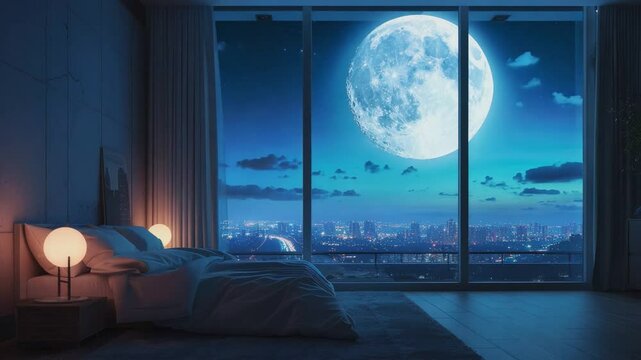 A modern bedroom with floor-to-ceiling windows showcasing a breathtaking full moon and city skyline at night. 
