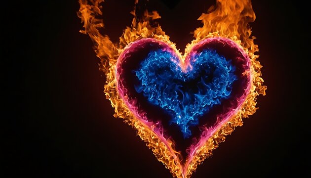 Neon Blue Sign in Shape of a Heart against Dark Brick Wall Background,A striking image featuring a glowing neon heart, blending vibrant pink and blue colors, 646