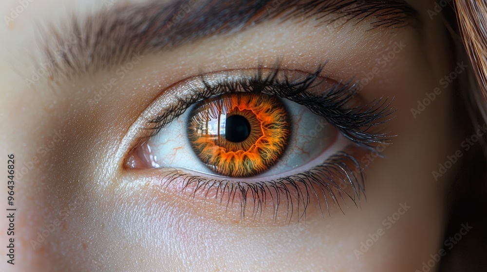 Poster a captivating close-up of a vibrant orange iris with intricate patterns illuminated by soft light