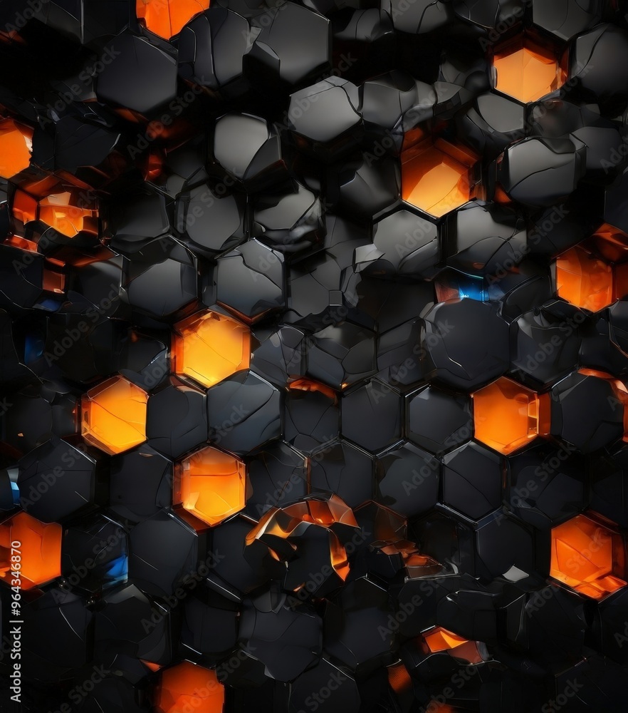 Poster striking pattern of black hexagonal shapes, with some of the hexagons illuminated by a warm orange g