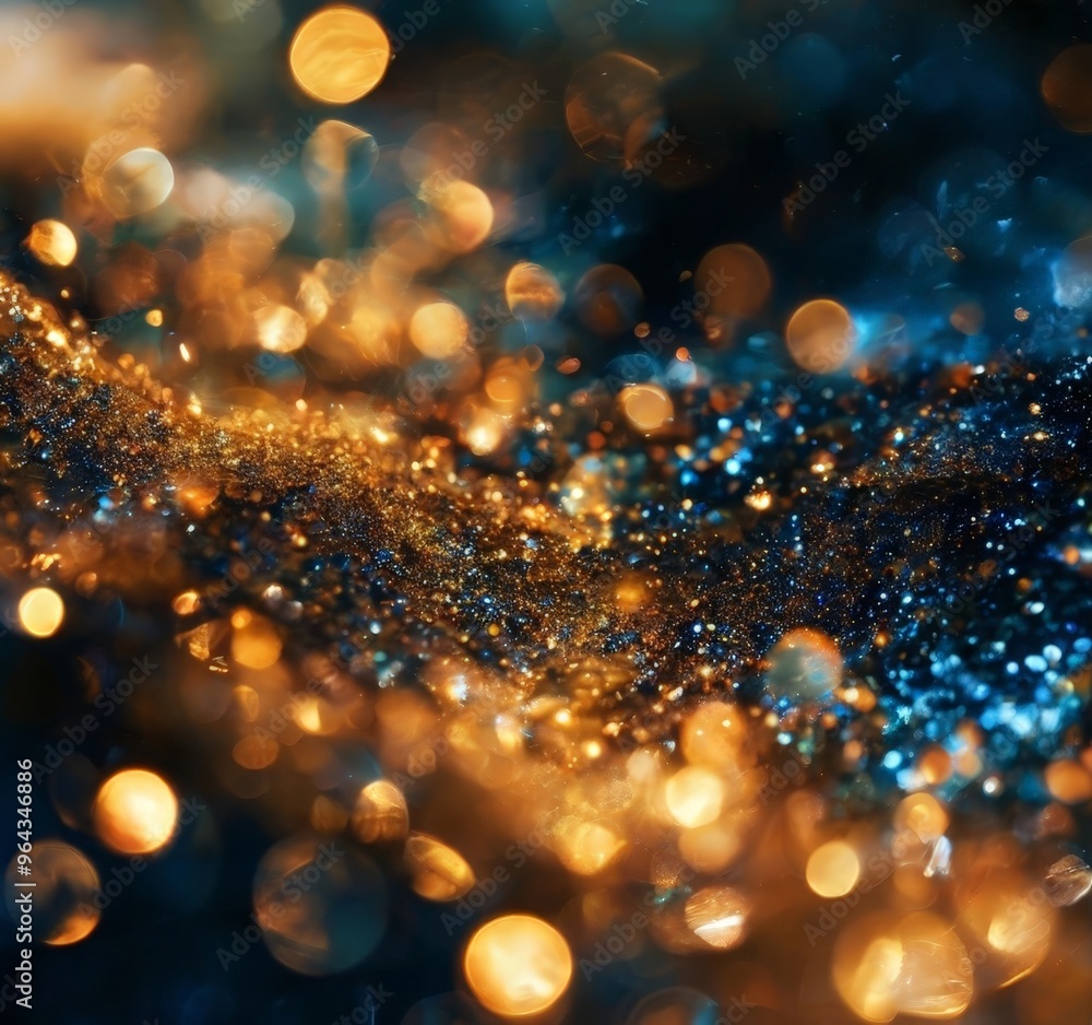 Poster blend of gold and blue hues, with a multitude of small, round, and irregularly shaped lights scatter