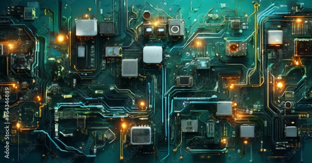 Poster detailed view of a complex electronic circuit board, showcasing a multitude of components and connec