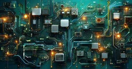 Fototapeta premium detailed view of a complex electronic circuit board, showcasing a multitude of components and connections. The circuit board is bathed in a vibrant green hue, with various