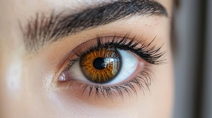 Obraz premium Close-up of a person’s beautiful amber eye showcasing intricate details and natural eyelashes in a well-lit setting