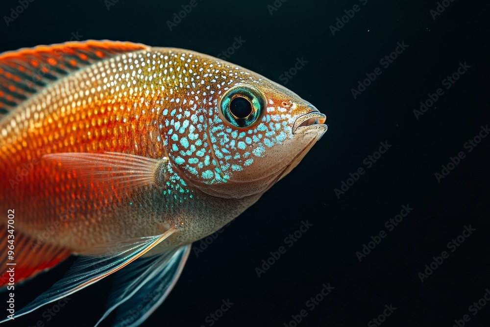 Wall mural Mystic portrait of Three Spot Gourami fish in studio, copy space on right side, Anger, Menacing, Headshot, Close-up View, isolated on black background