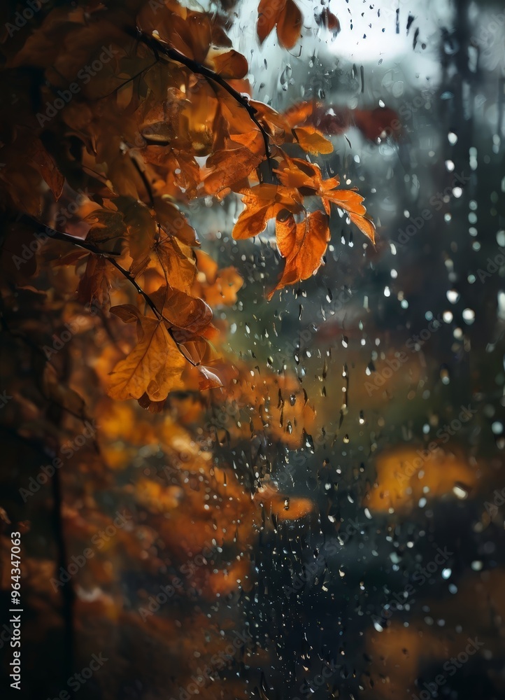 Poster a close-up view of autumn leaves on a branch, with raindrops visible on the glass surface, creating 