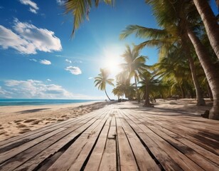 A wooden boardwalk stretches out towards the ocean, lined with swaying palm trees under a clear blue sky.