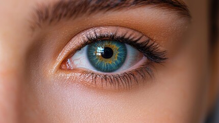 Obraz premium Close-up of a striking blue-green eye showcasing intricate patterns and vibrant colors, highlighting beauty and detail in natural light