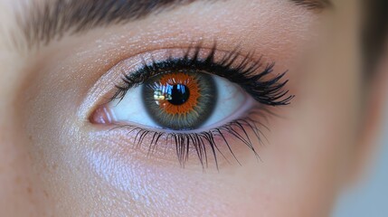 Obraz premium Close-up of a woman's eye highlighting its unique iris colors and long lashes in soft natural light setting