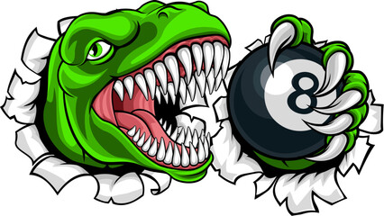A dinosaur or lizard angry mean pool billiards mascot cartoon character holding a black 8 ball.