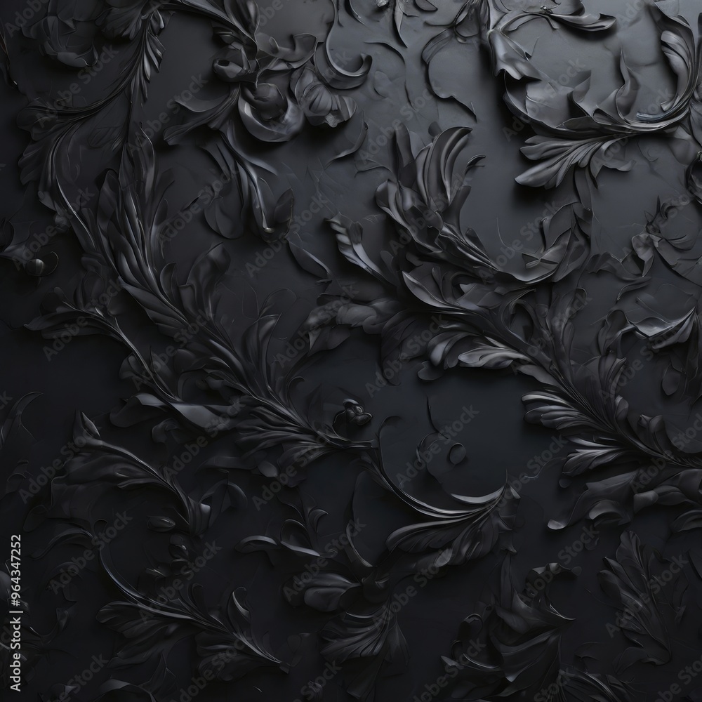 Poster a close-up view of a dark, textured surface with a repeating pattern of black, curving leaves or bra