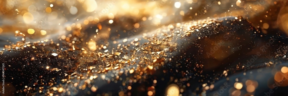 Poster close-up view of a dark surface adorned with a multitude of small, shiny gold and black particles, c