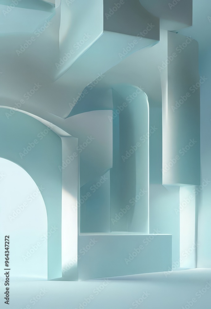 Poster minimalist architectural scene, featuring a series of white arches and columns arranged in a geometr