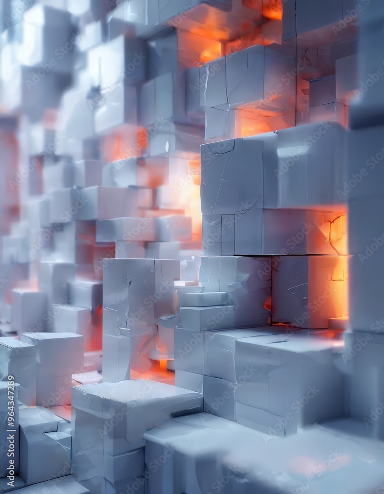 Aufkleber a digital art piece featuring a complex arrangement of white cubes with varying shades of gray and o