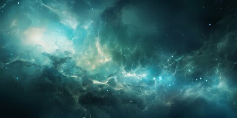 a cosmic scene with swirling clouds of blue and green hues, scattered white stars, and a bright, glowing light source in the center.