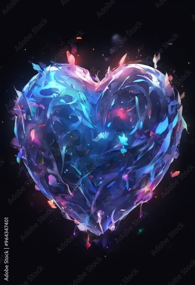 Poster a digital illustration of a heart-shaped object composed of swirling, multicolored lines and shapes,