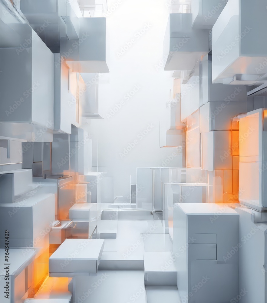 Poster complex, abstract architectural structure composed of numerous white cubes arranged in a grid-like p