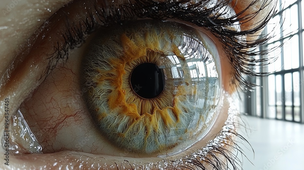 Poster close-up view of a human eye showcasing intricate patterns and vibrant colors with natural light shi