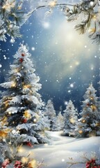 A serene winter scene featuring snow-covered pine trees with twinkling lights, a starry night sky, and falling snowflakes.