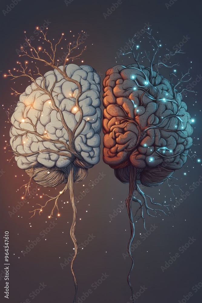 Poster colorful digital art illustration depicting two brains with glowing neural pathways connecting in an