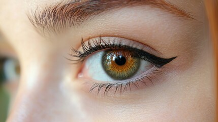 Obraz premium Close-up of a woman’s eye showcasing vibrant hazel color with defined eyeliner and delicate eyelashes in soft natural light