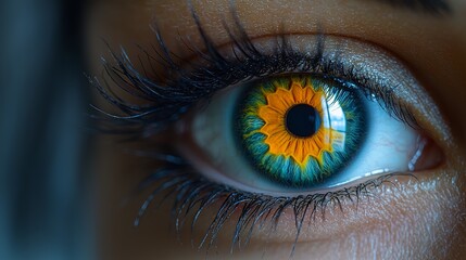 Fototapeta premium A captivating close-up of an eye with sunflower-inspired iris colors showcasing nature's beauty and intricate details