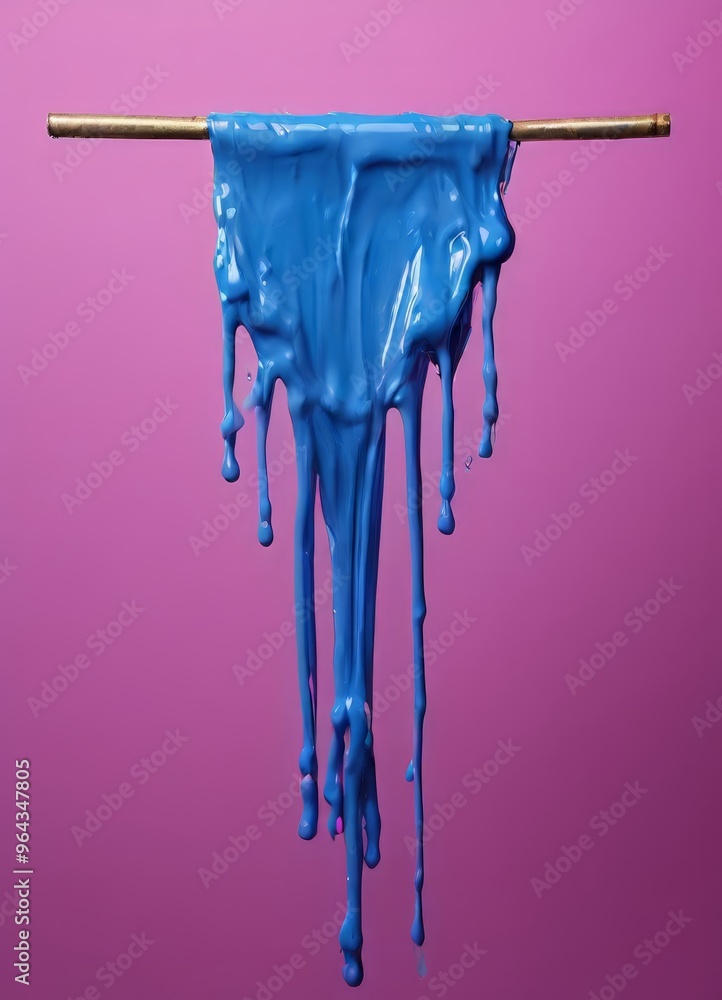 Poster a dripping blue paint splatters against a pink background, creating a dynamic and abstract visual ef