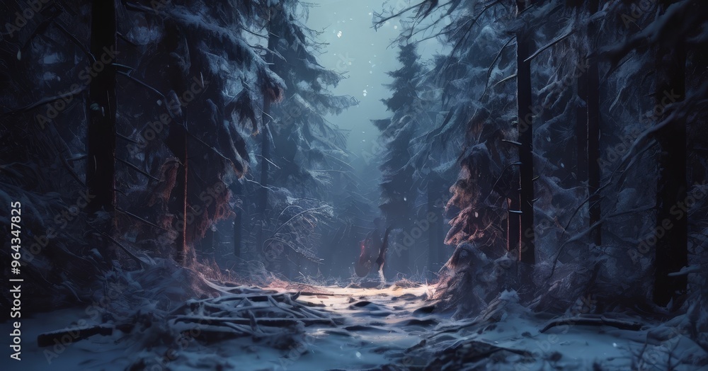 Aufkleber a lone figure walks through a snowy forest, surrounded by tall trees with snow-covered branches and 