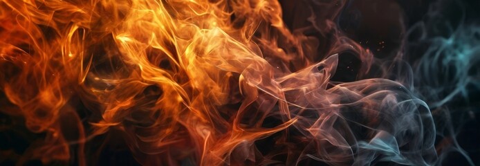 a dynamic scene of swirling smoke, with the top half of the image featuring a fiery orange hue and the bottom half showcasing a cool blue hue. The smoke is in motion, creating a