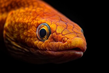 Fototapeta premium Mystic portrait of Eel fish in studio, copy space on right side, Anger, Menacing, Headshot, Close-up View, isolated on black background
