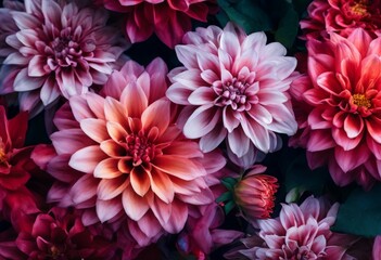 A close-up view of a vibrant bouquet of dahlias in various shades of pink, red, and white, with some flowers in full bloom and others in bud form.