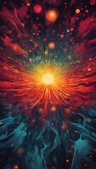 Obraz premium a digital artwork featuring a vibrant explosion of colors and shapes, with a central sunburst radiating outwards and surrounded by swirling patterns of red, orange, and blue hues.