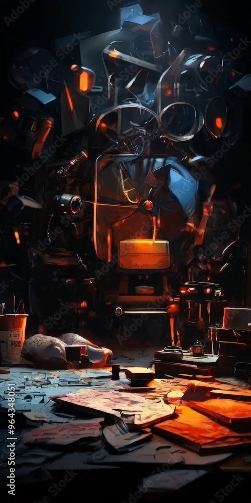 Poster a cluttered workspace filled with various objects, including a large metal structure, a lamp, and a 