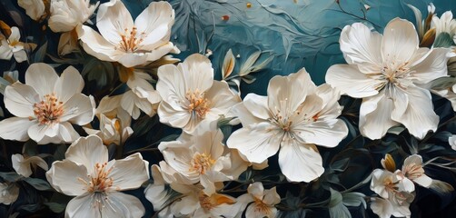 a close-up view of a cluster of white flowers with orange centers, set against a dark blue background with a subtle pattern.