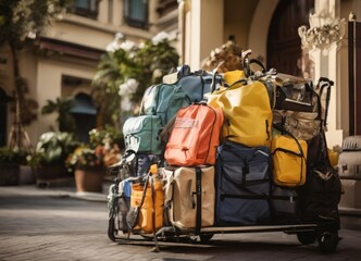 Obraz premium A luggage cart filled with various colorful bags and suitcases is parked on a cobblestone street, with a building and potted plants in the background.