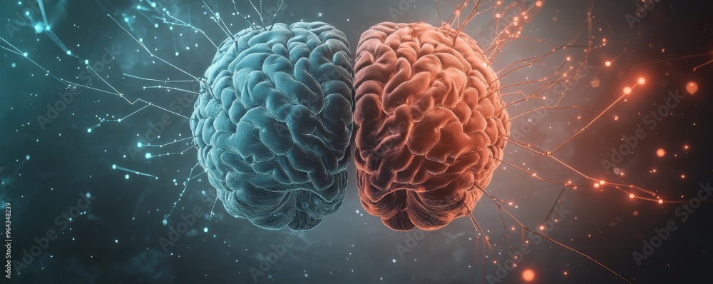 Poster colorful digital art illustration of two brains connected with glowing neural networks and abstract 