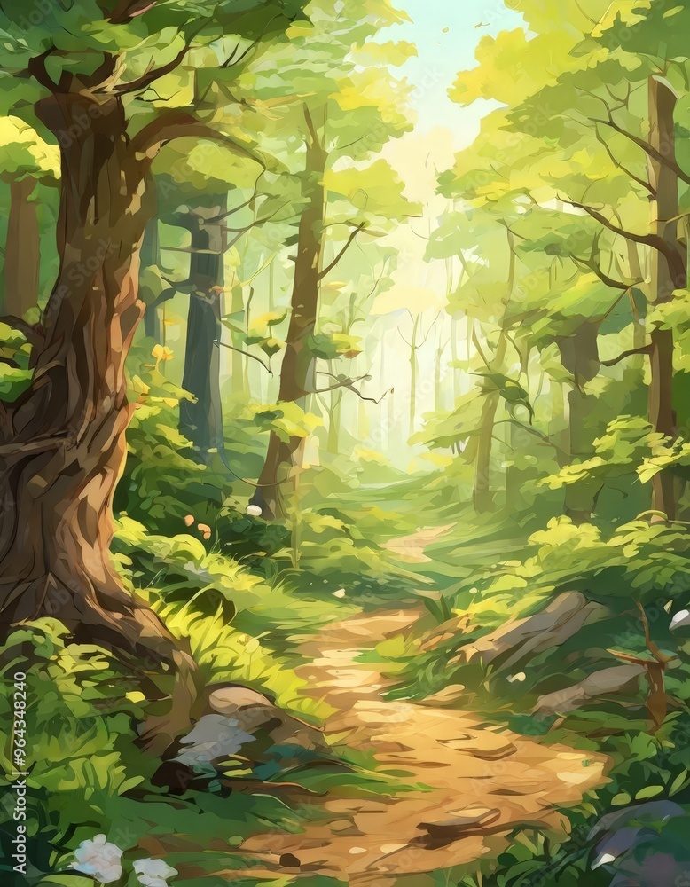 Poster a winding path leads through a lush, verdant forest, with sunlight filtering through the canopy and 
