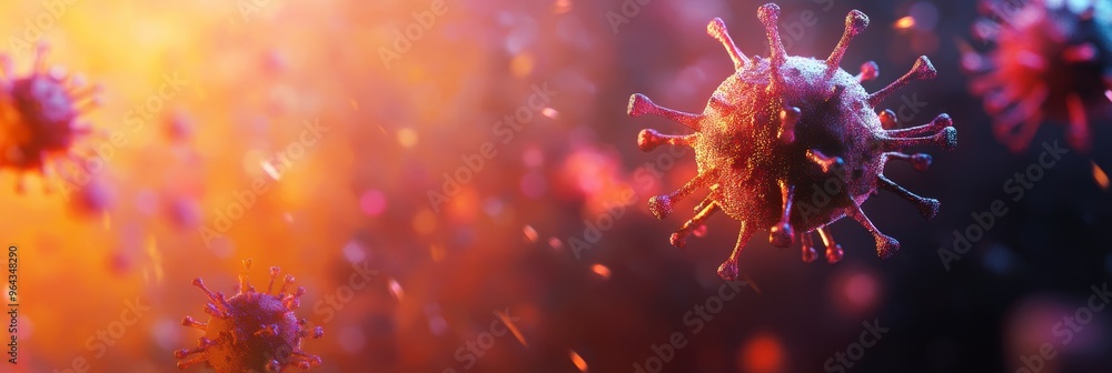 Poster Colorful virus particles representing monkeypox in a dynamic environment. Vibrant depiction of viral structure and public health context.