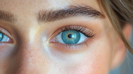 Fototapeta premium A close-up of a person's striking blue eye highlighting details of eyelashes and skin texture in natural light