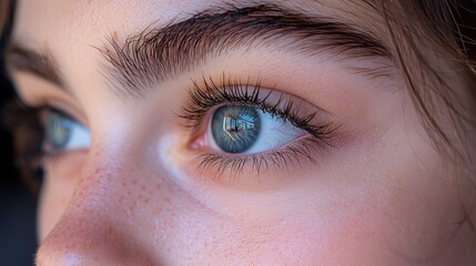 Obraz premium Close-up of a person's striking blue eyes reflecting the surroundings in natural light, showcasing details of eyelashes and skin texture