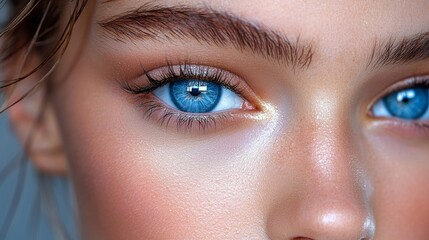 Fototapeta premium Close-up of a young person showcasing striking blue eyes with natural makeup and healthy skin in soft lighting