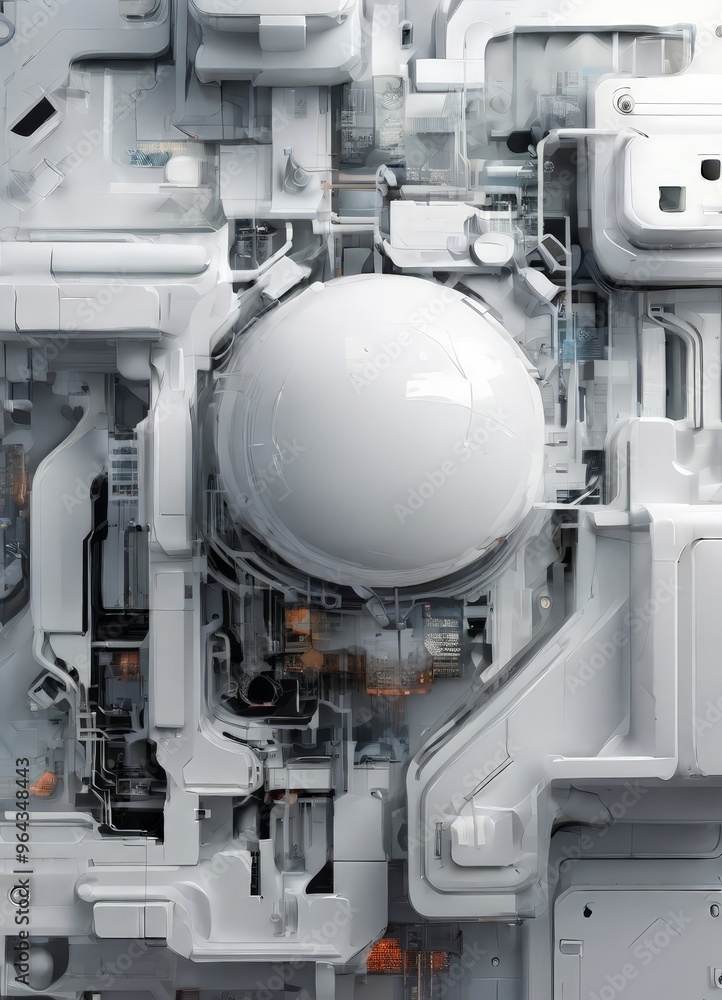 Poster complex, futuristic technological structure composed of various white, gray, and orange elements, cr