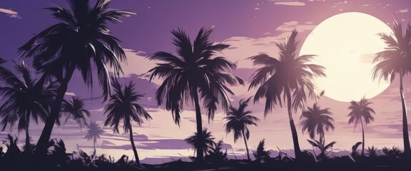 Obraz premium A serene tropical landscape at sunset, featuring silhouetted palm trees against a vibrant purple and pink sky.