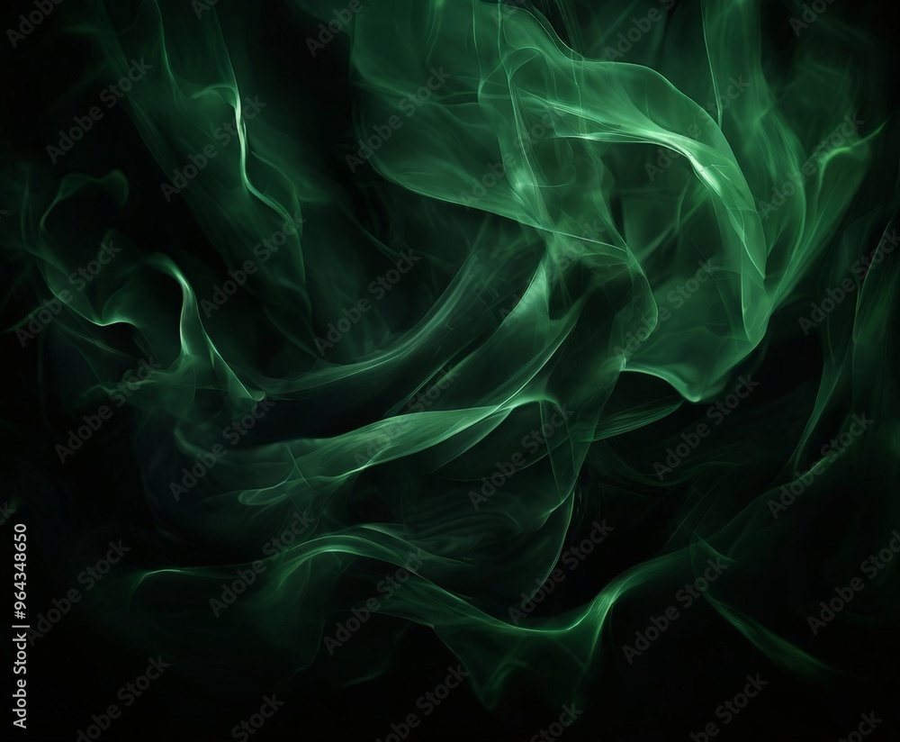 Poster swirling pattern of green smoke or vapor against a dark background, creating an abstract and etherea