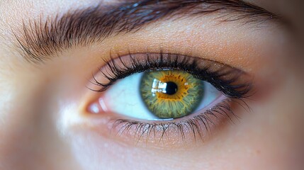 Obraz premium Close-up of a woman’s striking green and amber eye highlighting natural beauty and intricate details in soft lighting