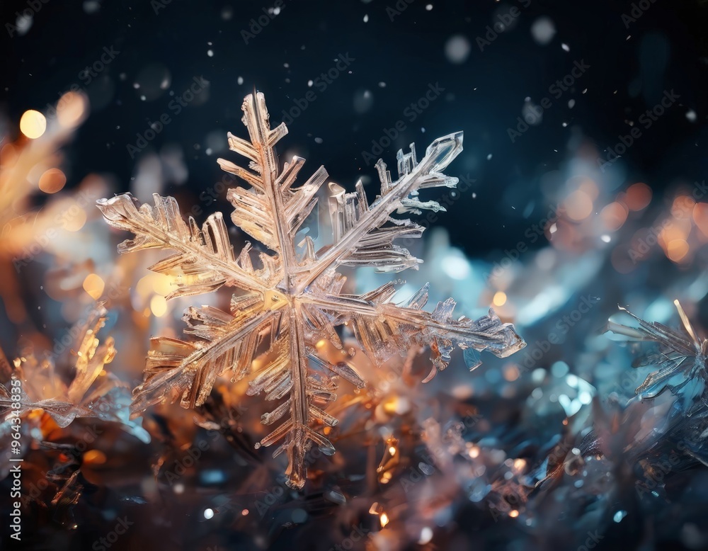 Wall mural A close-up of a delicate snowflake, its intricate patterns illuminated by a soft glow, set against a backdrop of blurred lights and snowflakes.