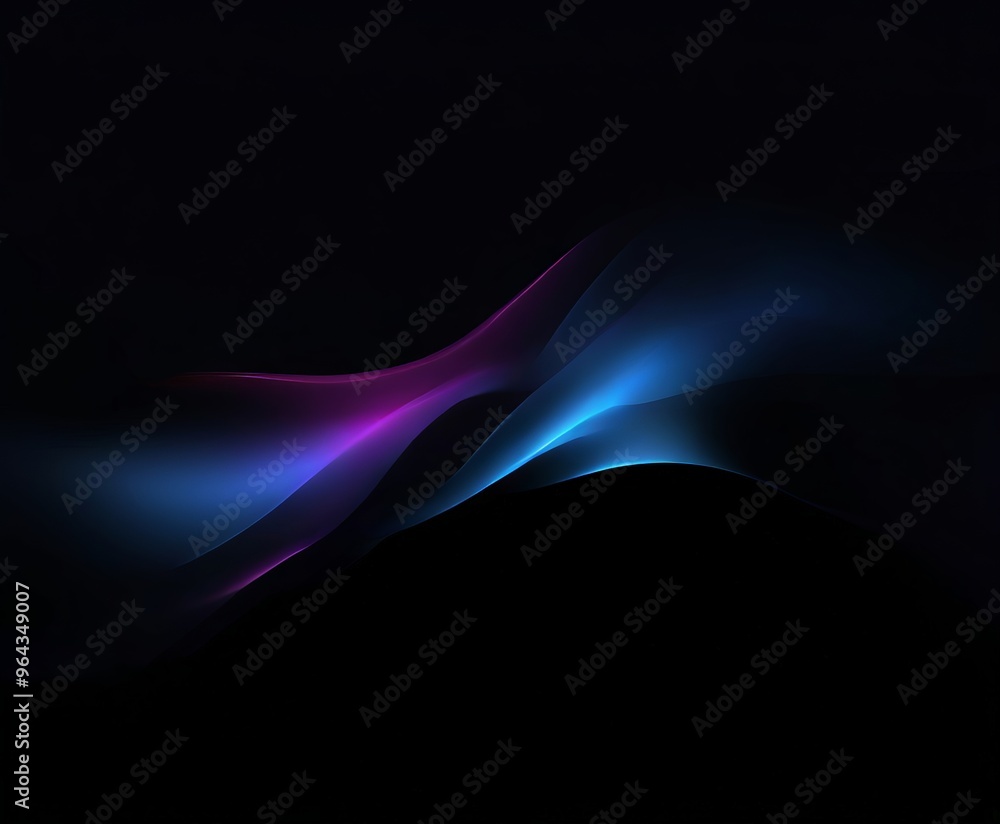 Poster dark background with a wave-like pattern of blue and purple hues, creating a sense of movement and e