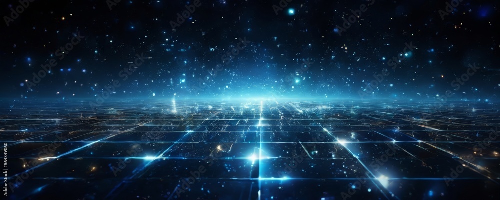 Poster futuristic cityscape, with a grid-like pattern of glowing blue lights and scattered white dots, crea