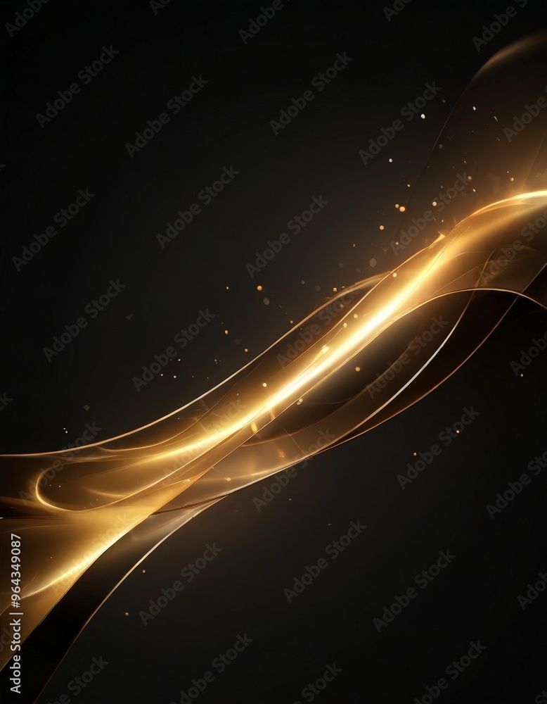 Poster dynamic, abstract composition of golden lines and sparks against a dark background, creating a sense